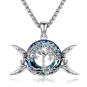 925 Sterling Silver Life Tree Moon Goddess Pendant Austrian Crystal Necklace